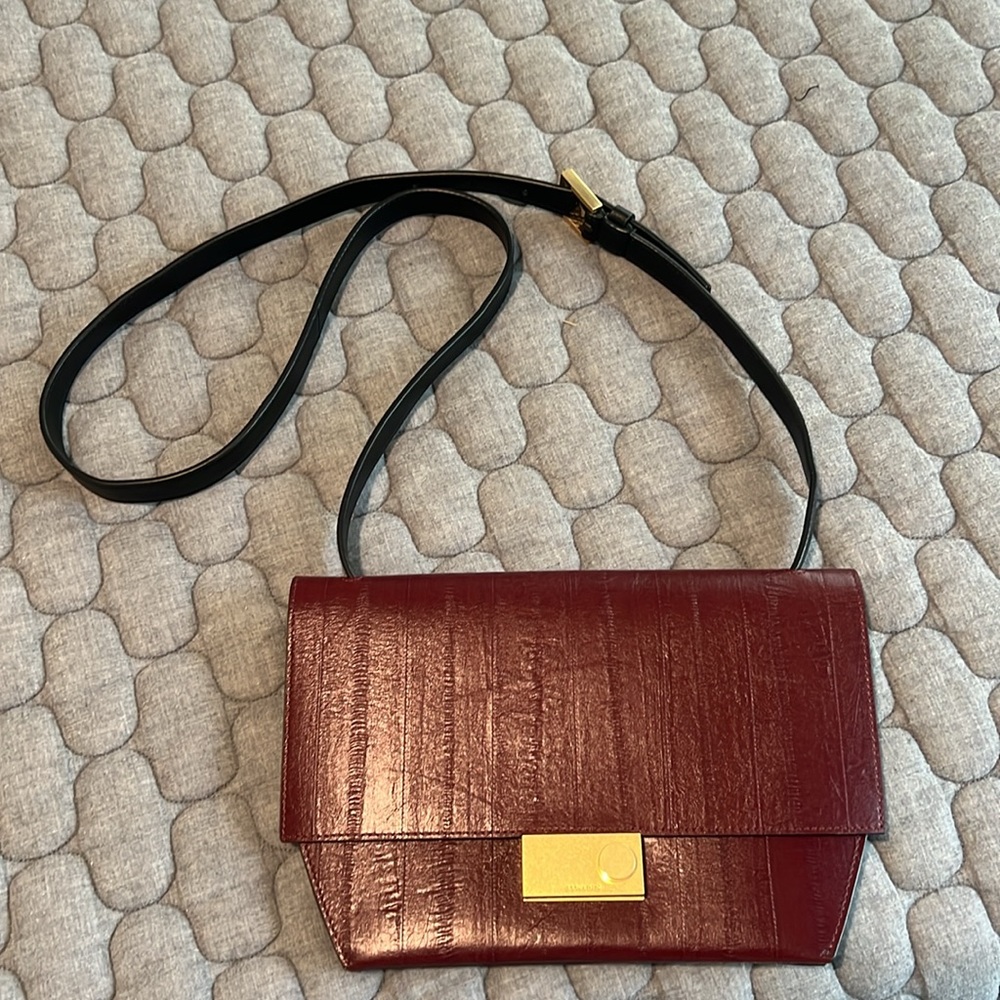 All Saints Burgundy Crossbody Bag with Black Strap